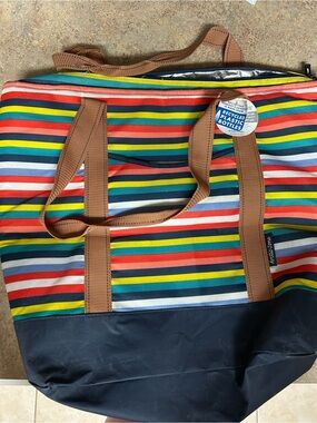 Multicolor Striped Insulated Tote Bag with Brown Handles